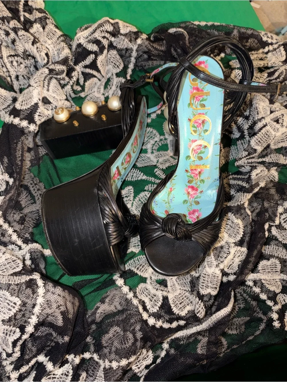 Gucci Black Leather Knotted Platform Sandals with Pearl & Gold Accent